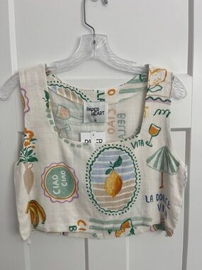 Paper Heart Linen Blend Crop Top S Italian Lemon Print Ciao La Dolce Vita NWT